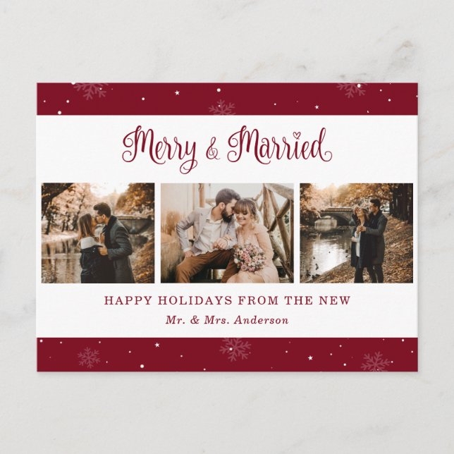 Cartão Postal De Festividades Red Snowflake Botanical Newlywed Photo Holiday (Frente)