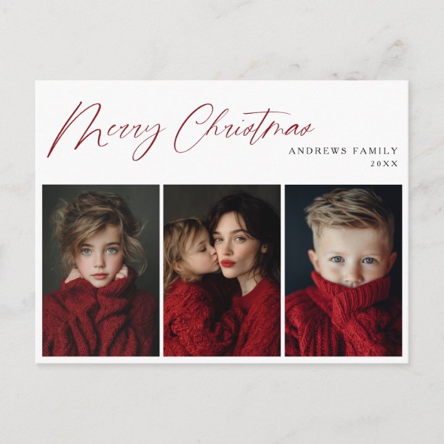 Cartão Postal De Festividades Red Three photo Christmas Holiday Design (Frente)