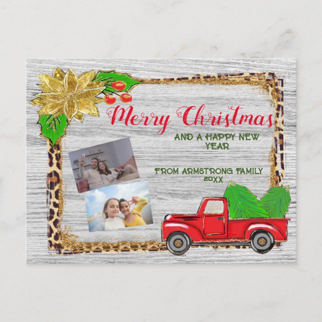 Cartão Postal De Festividades Red Truck Natal | Foto personalizada da família (Frente)