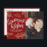 Cartão Postal De Festividades Red Warm Deseja Foto de Feriado para Caligrafia<br><div class="desc">Envie seus cartões de natal mais quentes para a família e amigos com este cartão postal de feriado personalizável. Apresenta caligrafia moderna com sotaques de folhas de ouro. Personalize adicionando seus detalhes. Este cartão fotográfico de Natal está disponível em outras cores e estoque de papelão. Itens correspondentes estão disponíveis.</div>