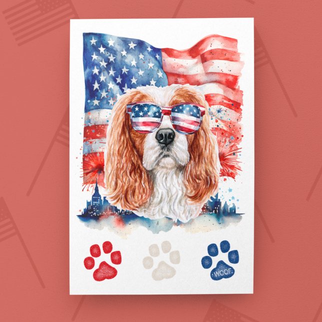 Cartão Postal De Festividades Red White Blue Cavalier Spaniel Dog 4 de julho (Criador carregado)