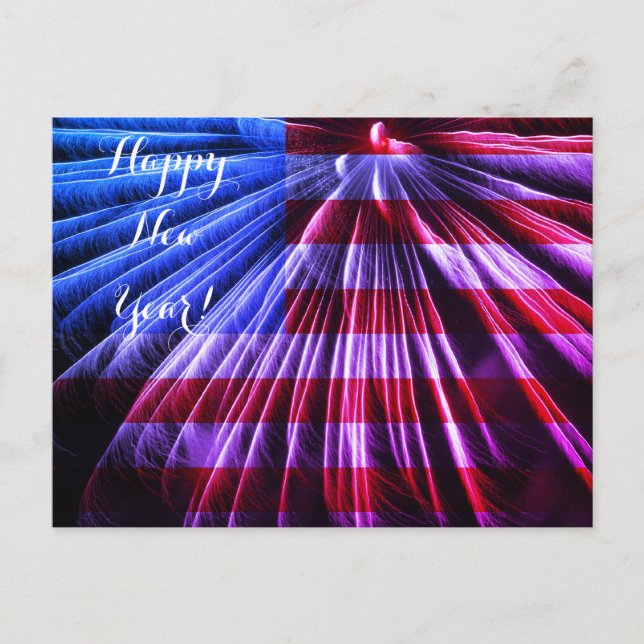 Cartão Postal De Festividades Red White & Blue Flag Fireworks Happy New Year USA (Frente)