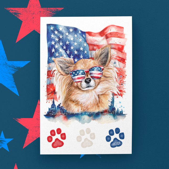 Cartão Postal De Festividades Red White Blue Long Hair Chihuahua Dog 4 de julho (Criador carregado)