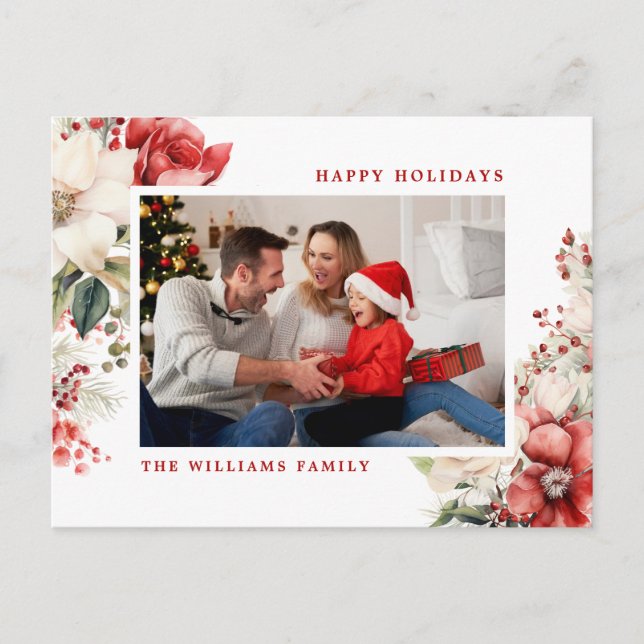 Cartão Postal De Festividades Red & White Rose Feliz Foto de Natal (Frente)
