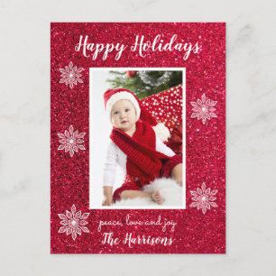 Cartão Postal De Festividades Red White Snowflakes Foto Feliz
