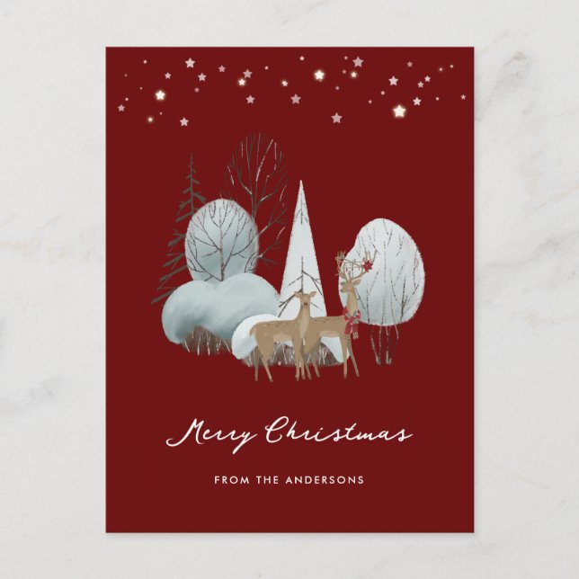 Cartão Postal De Festividades Red Winter Scense Stars Forest Deer Christmas (Frente)