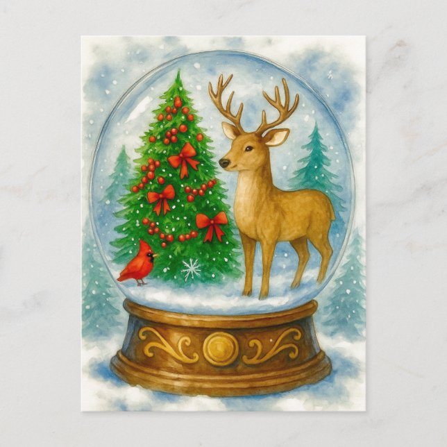 Cartão Postal De Festividades Reindeer Cardinal Christmas Snow Globe Postcard (Frente)