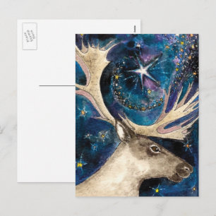 Cartão Postal De Festividades Reindeer de Natal à noite com uma estrela brilhan