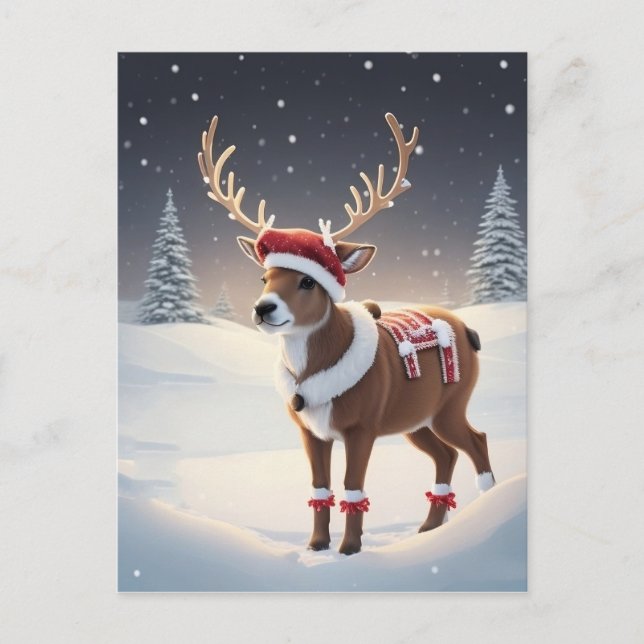 Cartão Postal De Festividades Reindeer Vestindo um Chapéu Santa (Frente)