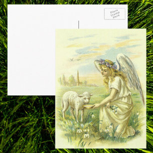 Cartão Postal De Festividades Religião Vintage, Anjo Páscoa Vitoriano com Lamb