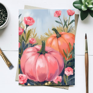 Cartão Postal De Festividades Remendo de Abóbora Rosa Floral Aquarela Outono