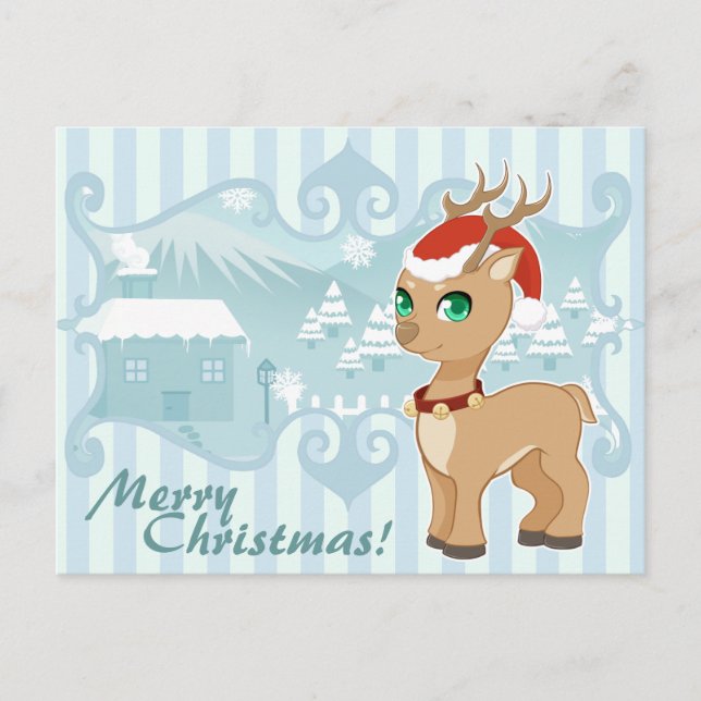 Cartão Postal De Festividades Rena bonito dos desenhos animados do Natal do (Frente)