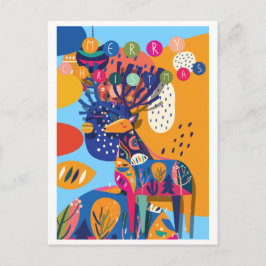 Cartão Postal De Festividades Rena de Natal Colorida Abstrata
