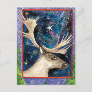 Cartão Postal De Festividades Renas de Natal à Noite com uma Estrela Brilhante