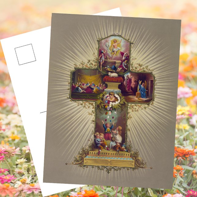 Cartão Postal De Festividades Ressurreição da Cruz Cristã Páscoa de Jesus Cristo (Religious Christian Catholic Floral Cross Resurrection Jesus Christ is Risen Easter Holiday Postcard)