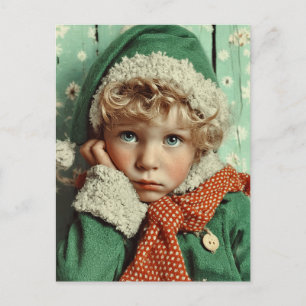 Cartão Postal De Festividades Retrato Infantil de Elfo de Inverno Aconchegante
