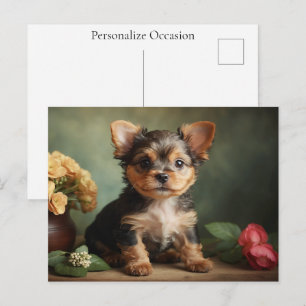 Cartão Postal De Festividades Retrato Vintage de Cachorro Yorkshire Terrier Fofo