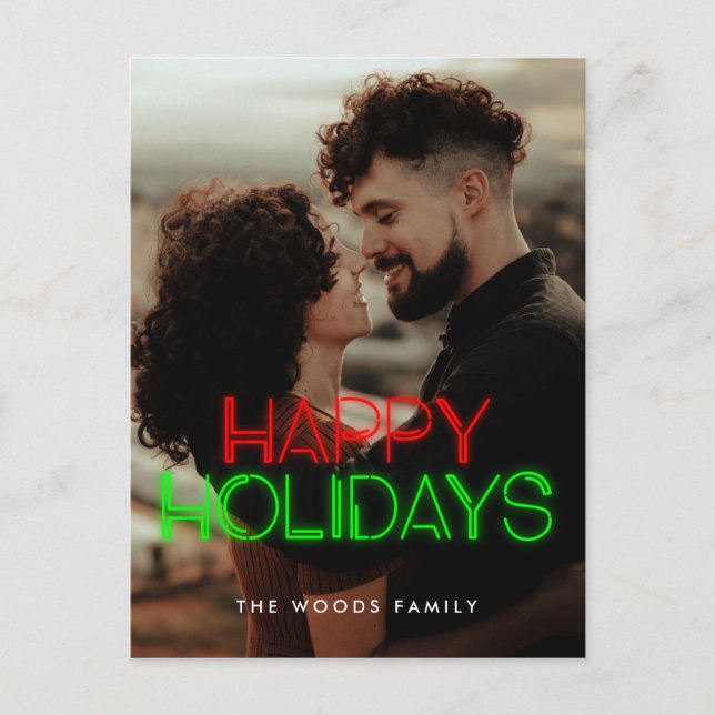 Cartão Postal De Festividades Retro 80s Luzes neon Foto de feriados felizes (Frente)