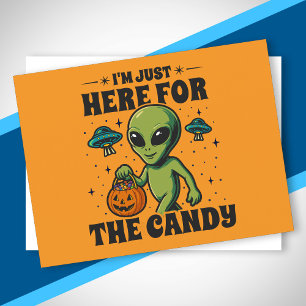 Cartão Postal De Festividades Retro Alien Estou Aqui Somente Pelo Doce Halloween
