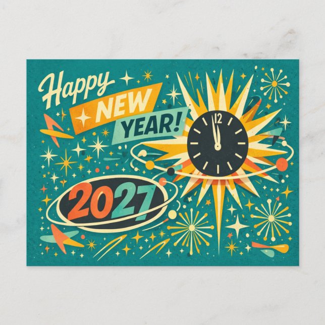 Cartão Postal De Festividades Retro Atomic Mid Century Happy New Year 2027 (Frente)