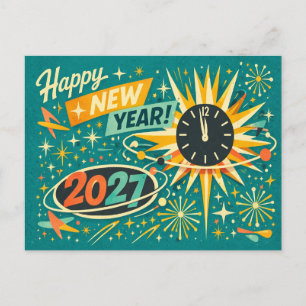 Cartão Postal De Festividades Retro Atômico Meados do Século Feliz Ano Novo 2027