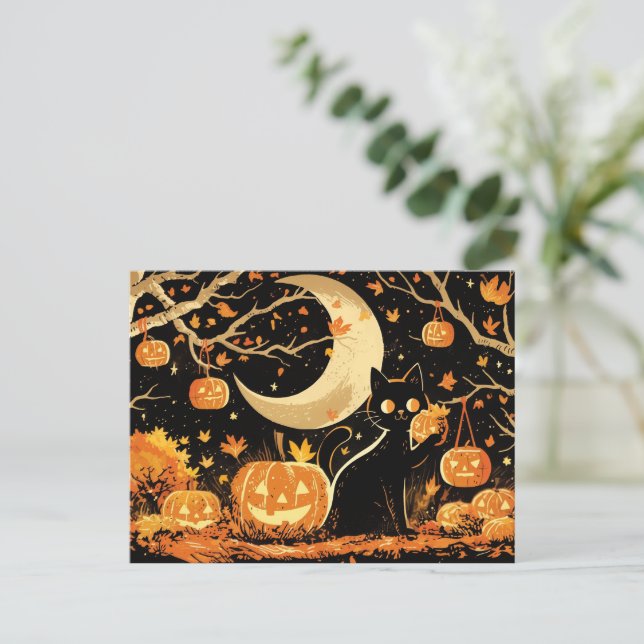 Cartão Postal De Festividades Retro Black Cat with Jack-o’-Lanterns (Em pé/Frente)