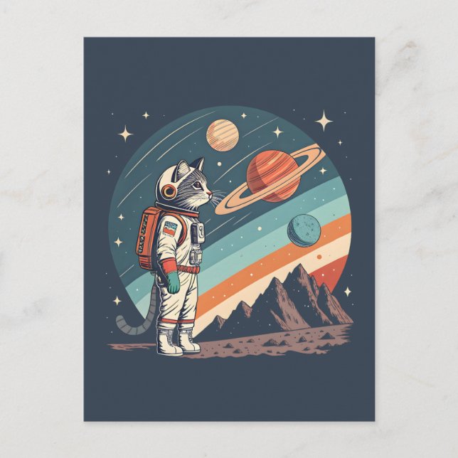 Cartão Postal De Festividades Retro Cat Astronaut Cosmic Space Illustration (Frente)
