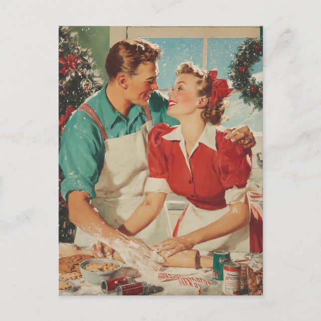 Cartão Postal De Festividades Retro Christmas Couple Baking Love (Frente)