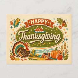Cartão Postal De Festividades Retro Farmhouse Happy Thanksgiving Turkey Harvest 