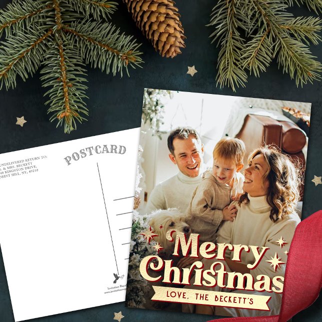 Cartão Postal De Festividades Retro Groovy Feliz Foto de Natal (Criador carregado)