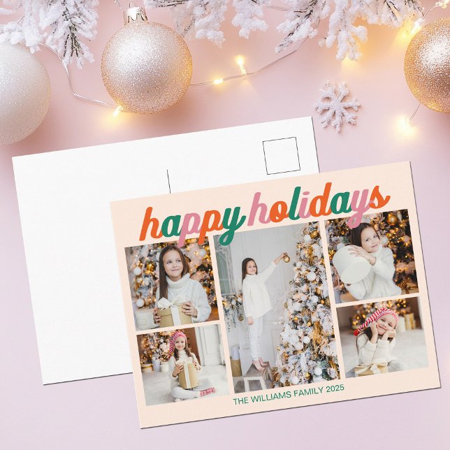 Cartão Postal De Festividades Retro Happy Holidays 5 Photo Collage Ivory (Criador carregado)