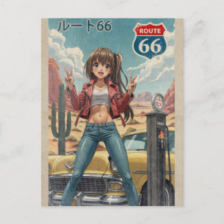 Cartão Postal De Festividades Retro Japanese Anime Girl on Route 66 Vintage Post