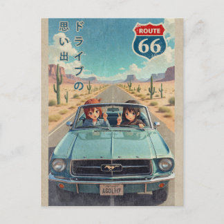 Cartão Postal De Festividades Retro Japanese Anime Girl on Route 66 Vintage Post