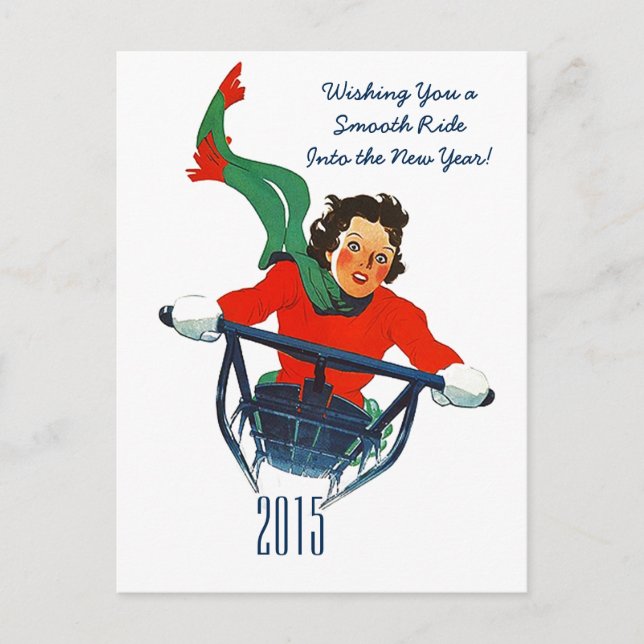 Cartão Postal De Festividades Retro New Year's Greeting Winter Sledding Postcard (Frente)