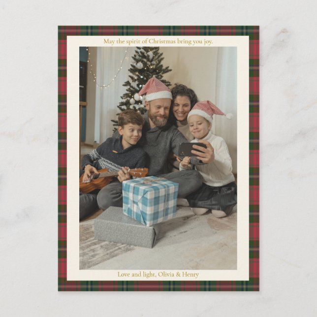 Cartão Postal De Festividades Retro Red Gingham Plaid Custom Photo Christmas (Frente)