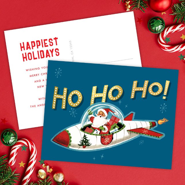 Cartão Postal De Festividades Retro Santa in Rocket Ho Ho Ho Non-Photo Christmas (Criador carregado)