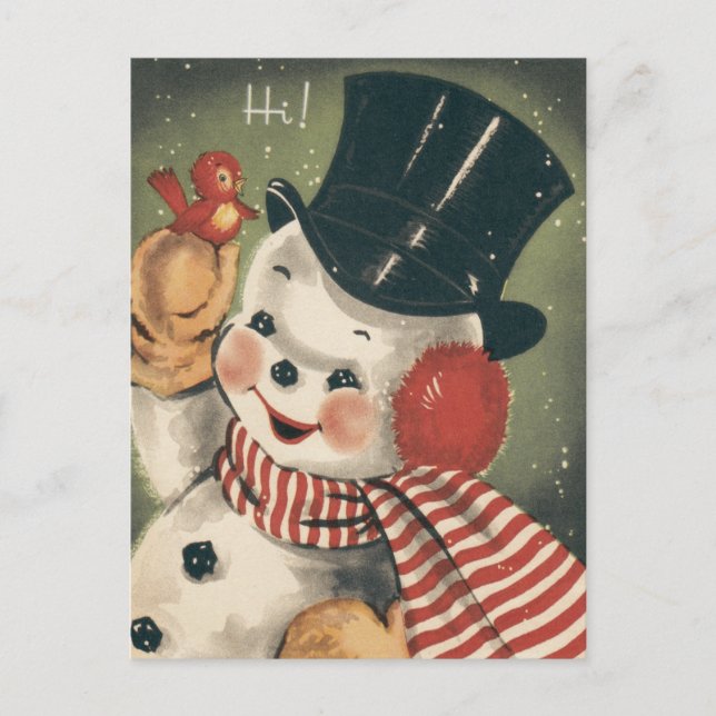 Cartão Postal De Festividades Retro Vintage Alegre Boneco de Neve (Frente)