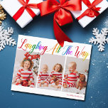 Cartão Postal De Festividades Rindo Por Todo O Caminho Rainbow 3 Foto De Natal<br><div class="desc">Belo e colorido cartão postal de 3 fotos de Natal com Laughing All the Way em bonito escrita cursiva do arco-íris. Personalize com suas três fotografias de família vertical favoritas de seus filhos sorridentes acima do seu nome ou saudação personalizada em vermelho. Cartões postais de feriado divertidos e alegres.</div>
