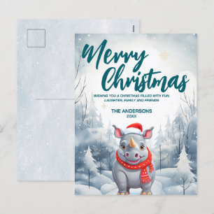 Cartão Postal De Festividades Rinoceronte engraçado Árvore de Natal neve Festa d