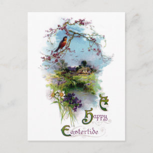 Cartão Postal De Festividades Robin e Spring Flowers Páscoa de colheita