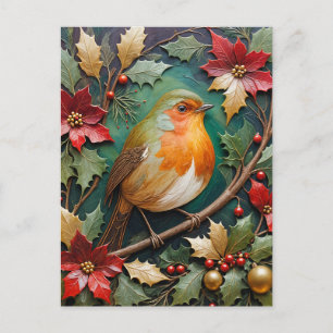 Cartão Postal De Festividades Robin entre o azevinho e a poinsétia