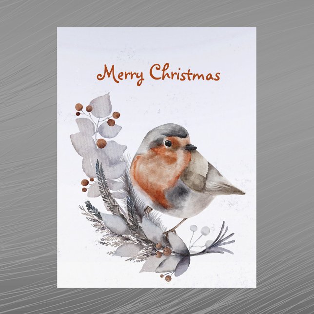 Cartão Postal De Festividades Robin Redbreast Floral Watercolor (Criador carregado)