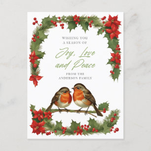 Cartão Postal De Festividades Robins e Coroa de Natal em Aquarela Elegante