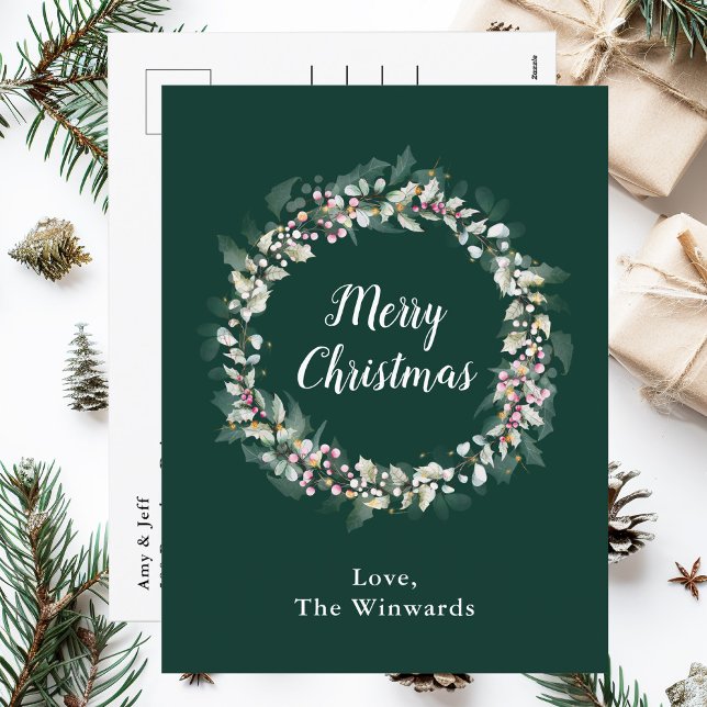 Cartão Postal De Festividades Rosa Holly Wreath Feliz Natal (Criador carregado)