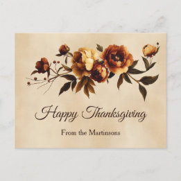Cartão Postal De Festividades Rosas de Outono Marrom Elegante Floral Dia de Ação