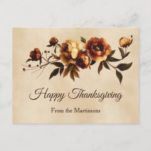 Cartão Postal De Festividades Rosas de Outono Marrom Elegante Floral Dia de Ação