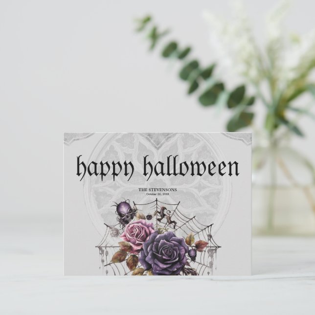 Cartão Postal De Festividades Rosas góticos simples e festa de Halloween do crân (Em pé/Frente)