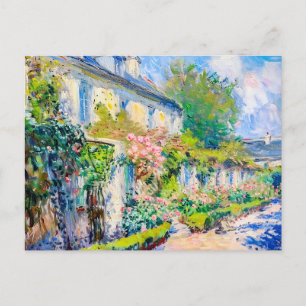 Cartão Postal De Festividades Rosas impressionistas na parede da casa de verão