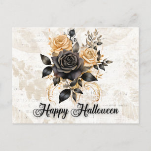 Cartão Postal De Festividades Rosas negros e Dourados deixam Foliage Halloween