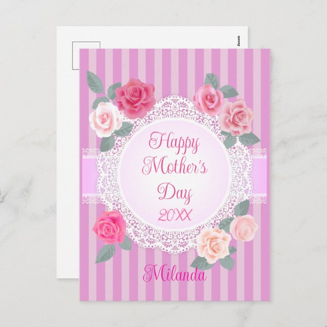 Cartão Postal De Festividades Rosas Rosa Feliz Dia das Mães (Frente/Verso)
